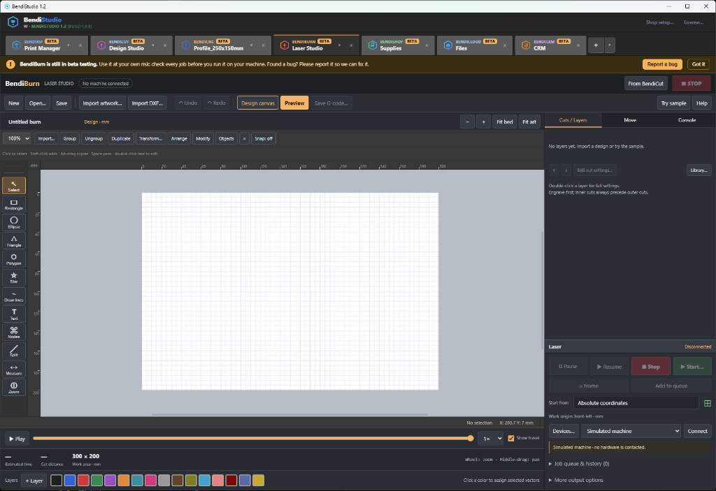 BendiBurn laser engraving software interface showing 300x200mm work bed preview, multi-layer power and speed controls, and laser framing