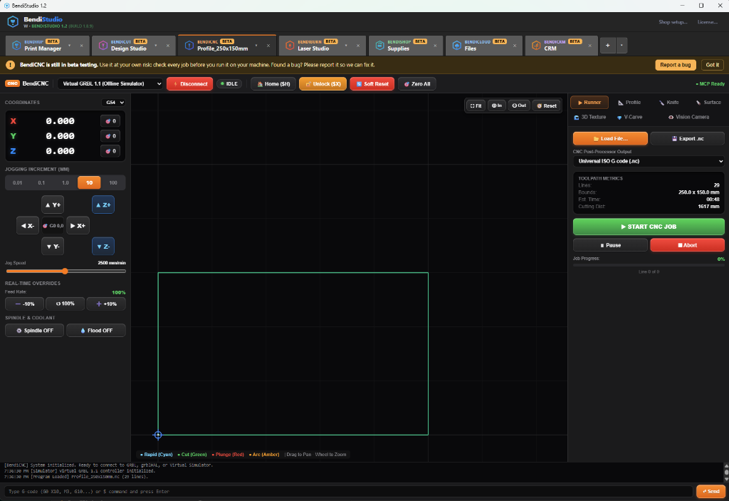 BendiCNC router controller software screen showing GRBL coordinates, 3D toolpath simulation, spindle override, and vacuum hold-down telemetry